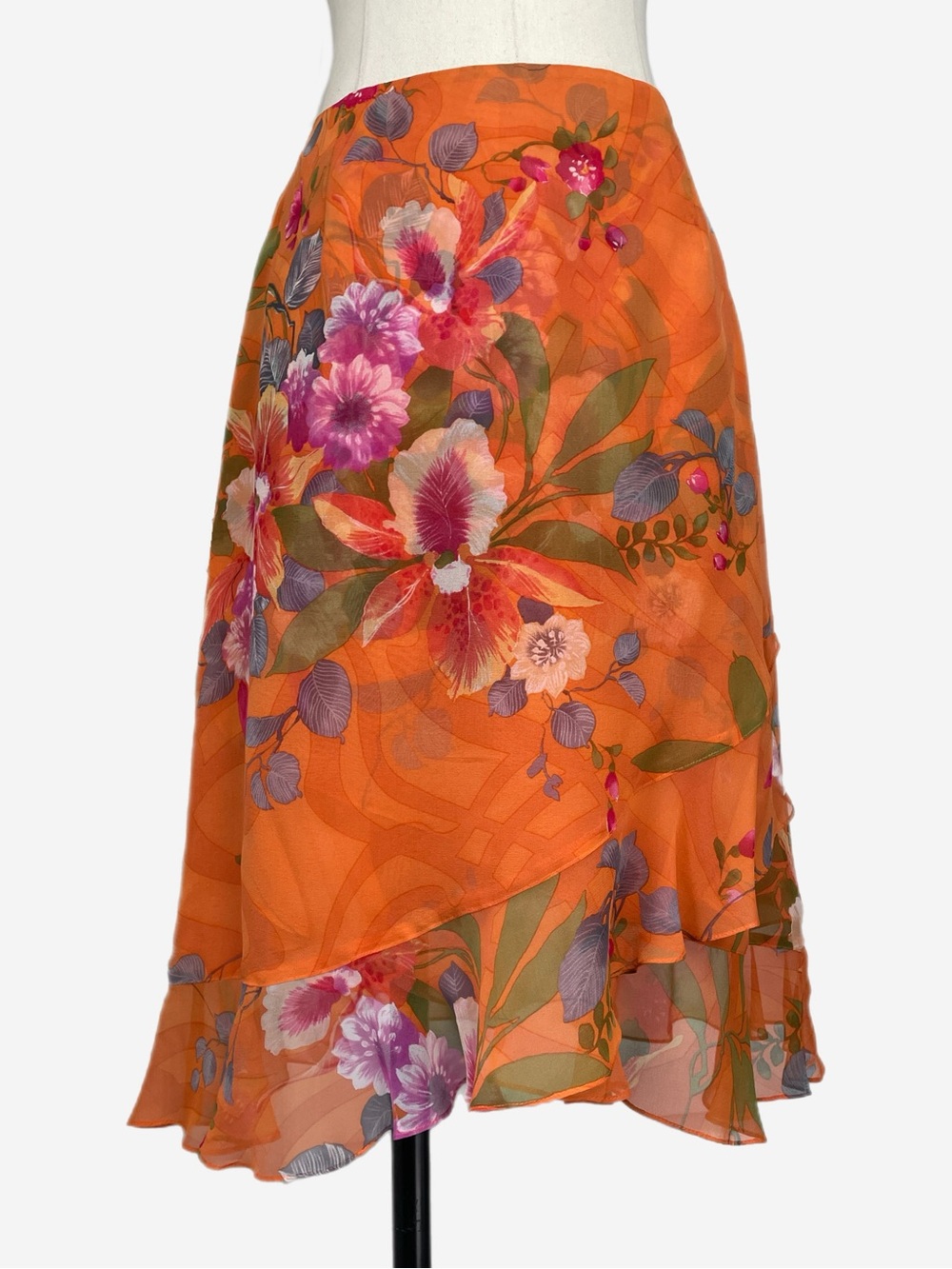 Neiman Marcus Orange silk floral ruffle asymmetric layered mini skirt tropical 6